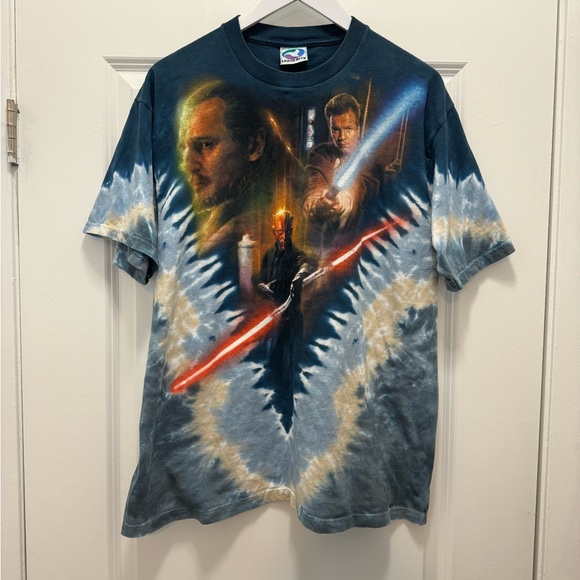 Vintage Star Wars T Shirt Liquid Blue Darth Maul Obi-Wan Tie Dye Double Side
